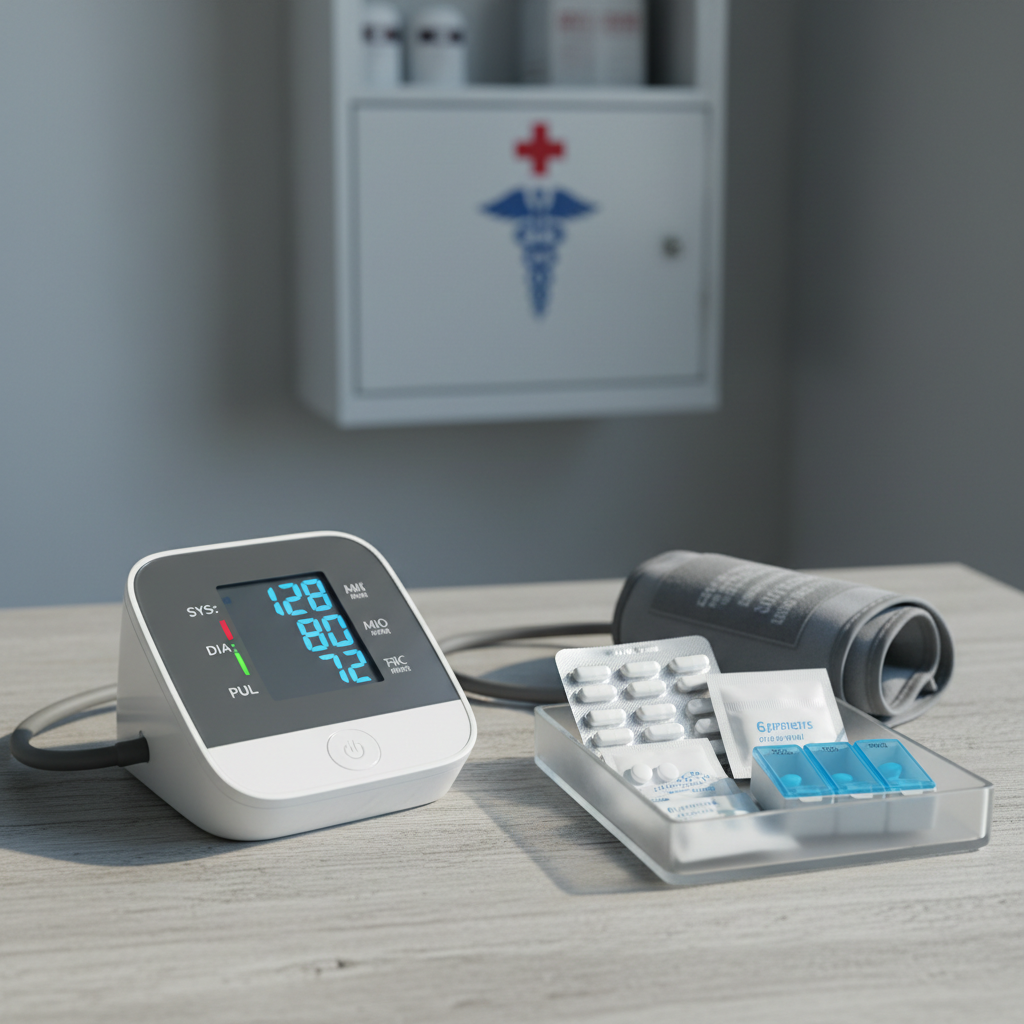 A close-up, photographic realism scene of a premium home blood pressure monitoring station on a light gray wood table. A high-end digital blood pressure monitor with a crisp, backlit display shows clear readings, its cuff neatly coiled beside it. Nearby, a small organizer tray holds blister-packed medications, alcohol wipes, and a compact pill sorter. In the softly blurred background, a white wall-mounted cabinet with medical symbols hints at additional supplies. Cool, diffused afternoon light from the left casts soft, controlled shadows, creating a calm, professional atmosphere. Shot from a slightly elevated angle, the composition uses the rule of thirds to highlight precision and ease of home health care management.