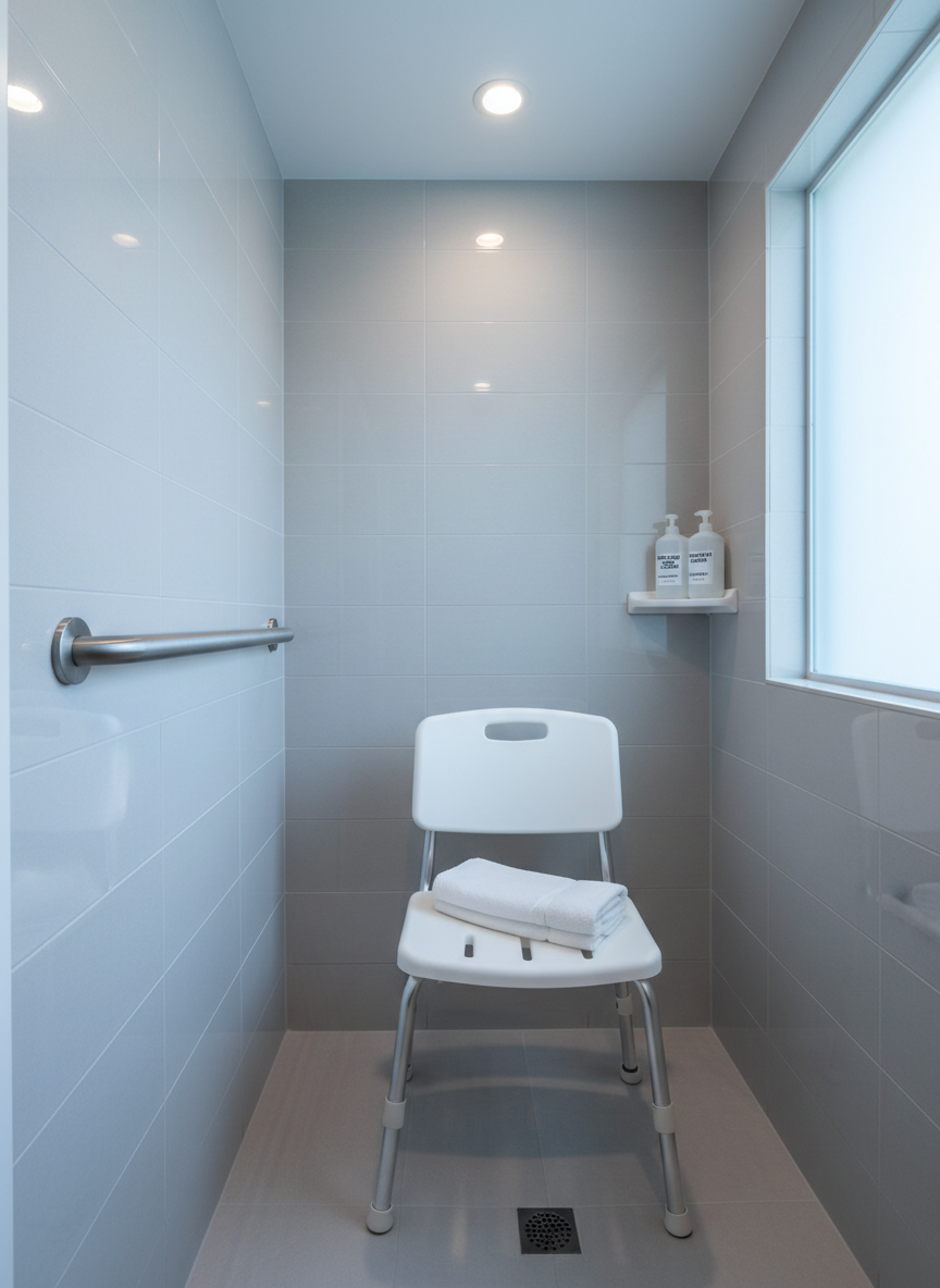 A bright, clinically clean bathroom setting featuring a sturdy white shower chair with non-slip rubber feet positioned inside a spacious walk-in shower. Beside it, a stainless-steel grab bar is securely mounted on glossy, light gray tiles, with a folded, fresh white towel resting on the chair’s smooth seat. On a small corner shelf, waterproof containers labeled for home health care supplies are visible but slightly blurred. Cool, even overhead lighting combined with subtle natural light from a frosted window creates soft highlights on the metal and plastic surfaces. Captured at eye level with sharp focus throughout, the photographic image conveys safety, stability, and professional-quality home care equipment.