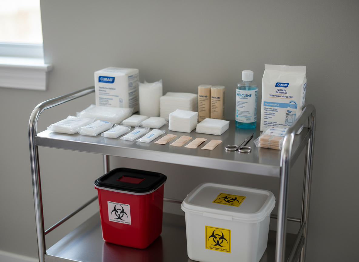 An orderly home wound care station arranged on a stainless-steel medical trolley with two shelves, positioned in front of a neutral, soft-gray wall. On the top shelf, individually packaged sterile gauze, adhesive dressings, antiseptic solution, and precision scissors are lined up in neat rows, labels facing forward. The lower shelf holds a compact sharps container and a lidded bin for disposables. Diffused daylight from the right side creates subtle reflections on the metal frame, emphasizing hygiene and precision. Photographic realism, shot from a three-quarter angle with moderate depth of field, keeps the primary supplies in sharp focus while gently blurring the background, conveying a professional, well-prepared home health care environment.