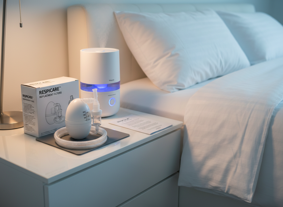 A specialized respiratory care setup on a sleek white bedside table next to a neatly made bed with crisp white linens, shown without any human presence. A compact, modern nebulizer with a translucent medication cup and coiled tubing sits beside a labeled box of replacement filters and a neatly folded instruction booklet. Behind them, a discreet humidifier with a soft blue indicator light glows faintly. Cool, soft evening lighting from a nearby lamp casts gentle, controlled shadows, while a hint of window light outlines the devices. Photographic realism, captured from a slightly low angle, creates a calm, reassuring mood, emphasizing reliability and comfort in home respiratory medical supplies.