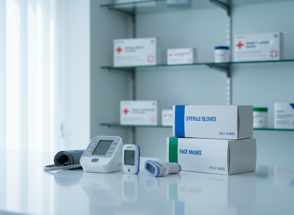 A meticulously organized display of essential home medical supplies arranged on a pristine white counter, featuring a digital blood pressure monitor, pulse oximeter, infrared thermometer, and neatly stacked boxes of sterile gloves and masks. Behind them, sleek glass shelving holds labeled wound care kits and mobility aids, slightly out of focus. Soft, cool daylight from a large unseen window creates gentle reflections on the smooth plastic and metal surfaces, emphasizing cleanliness and precision. Photographic realism with a clean, modern, professional aesthetic, shot at eye level with a shallow depth of field, conveying trust, reliability, and clinical-grade quality suitable for a premier medical supply brand homepage.