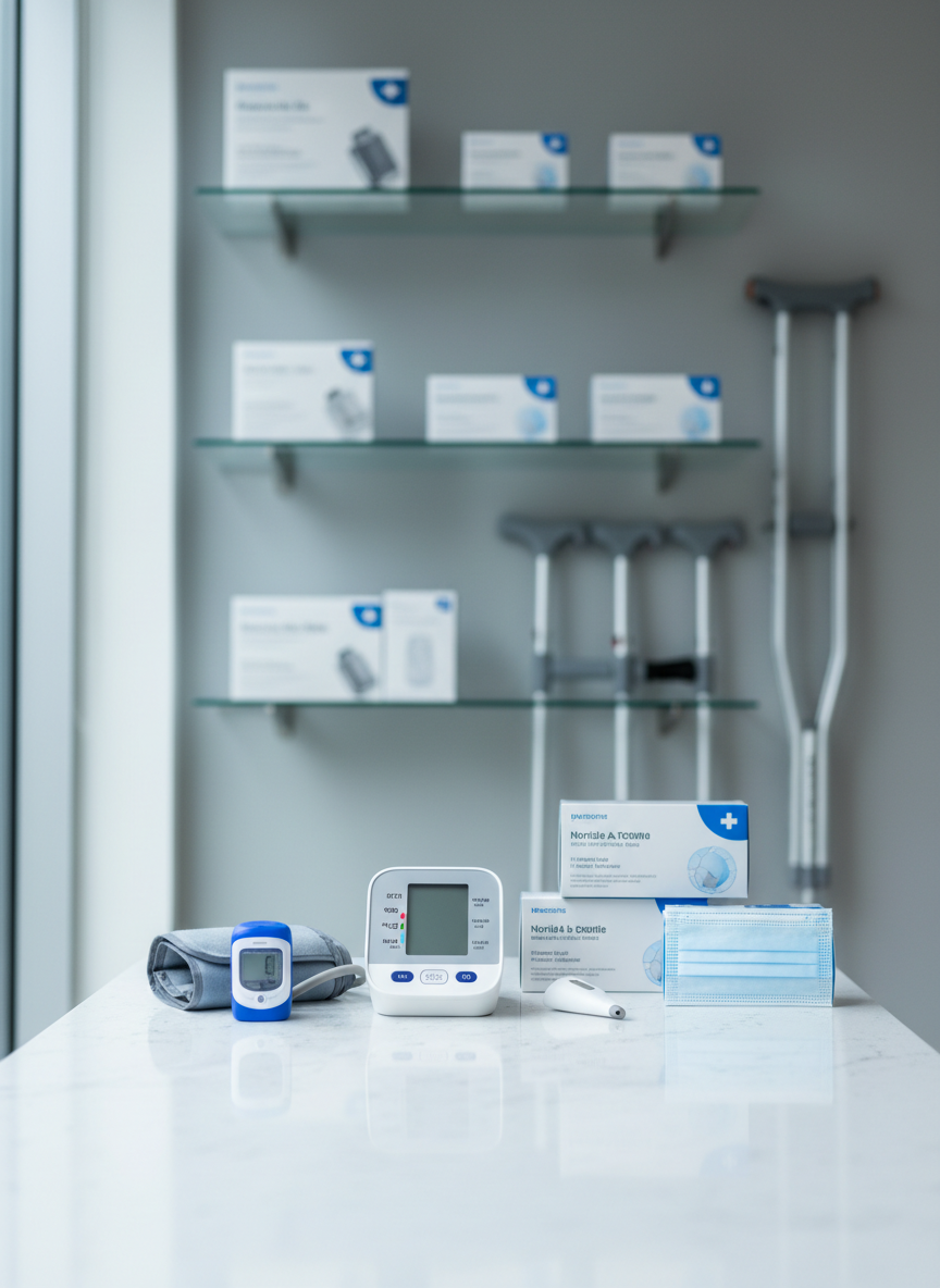 A meticulously organized display of essential home medical supplies arranged on a pristine white counter, featuring a digital blood pressure monitor, pulse oximeter, infrared thermometer, and neatly stacked boxes of sterile gloves and masks. Behind them, sleek glass shelving holds labeled wound care kits and mobility aids, slightly out of focus. Soft, cool daylight from a large unseen window creates gentle reflections on the smooth plastic and metal surfaces, emphasizing cleanliness and precision. Photographic realism with a clean, modern, professional aesthetic, shot at eye level with a shallow depth of field, conveying trust, reliability, and clinical-grade quality suitable for a premier medical supply brand homepage.