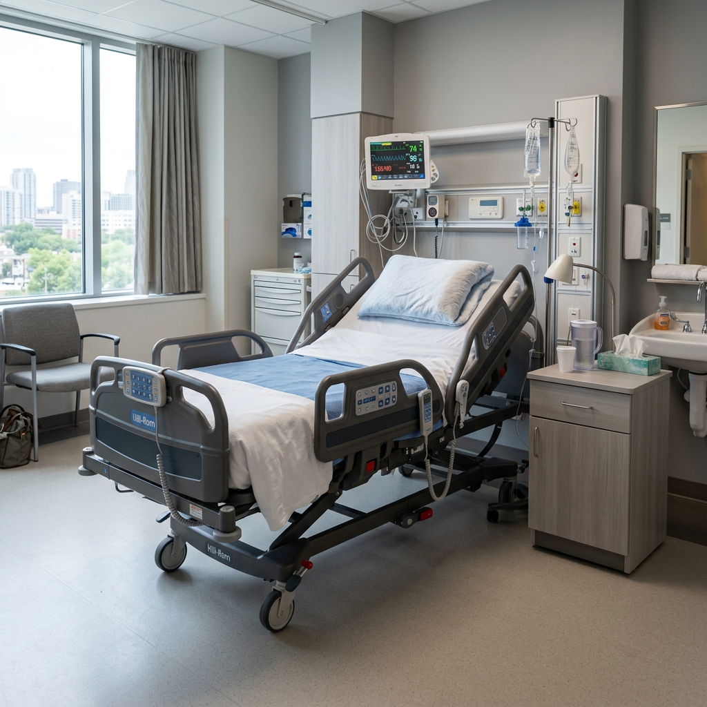 Hospital room with patient bed, vital signs monitor, IV stands, chair, and window