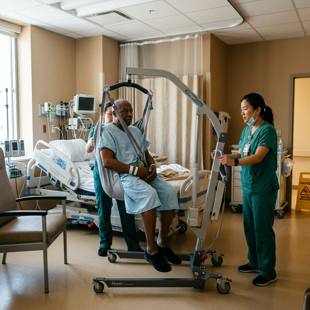 Patient being lifted by healthcare workers with a mechanical lift in hospital room