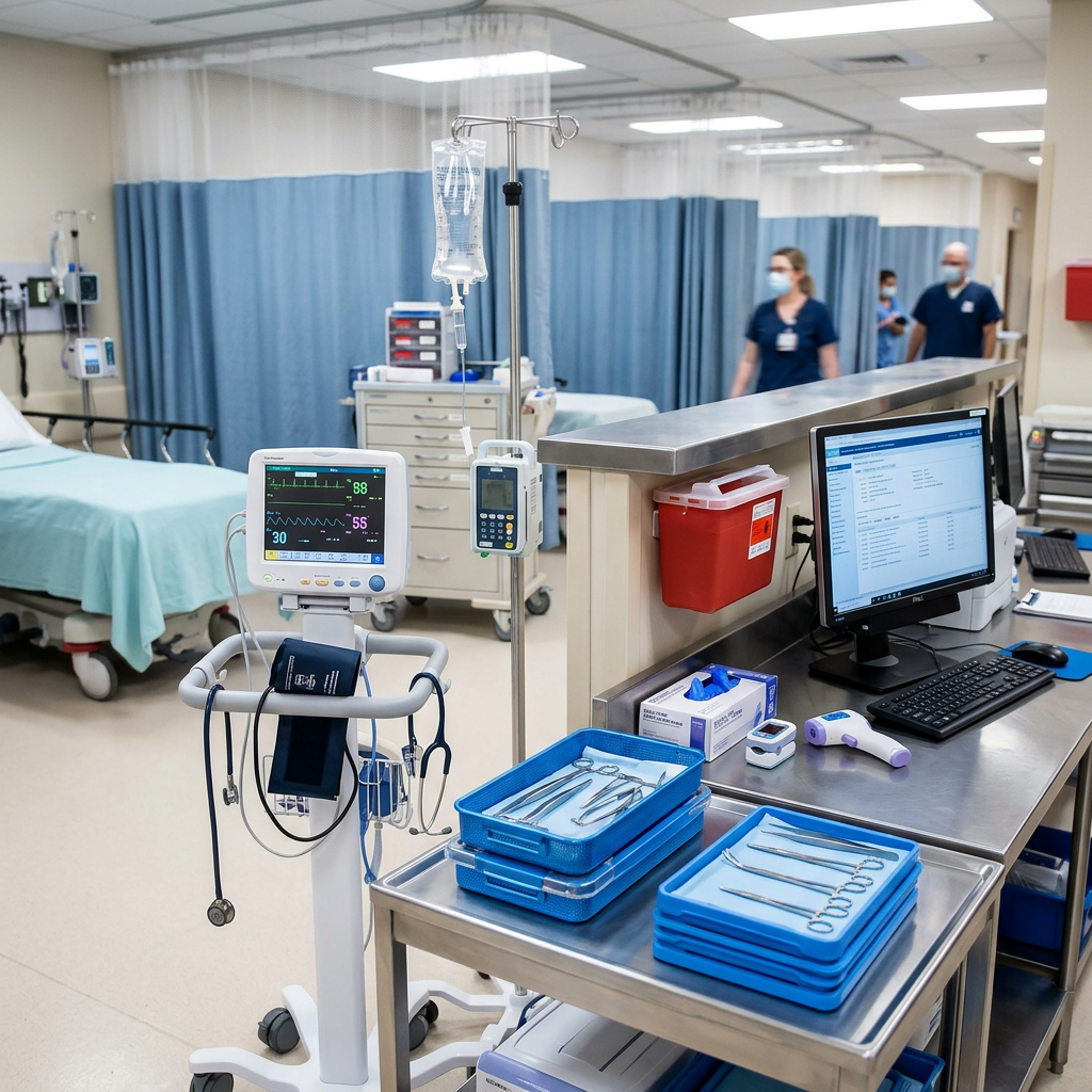 Hospital emergency room workstation with medical instruments, monitoring device, computer, and IV stand