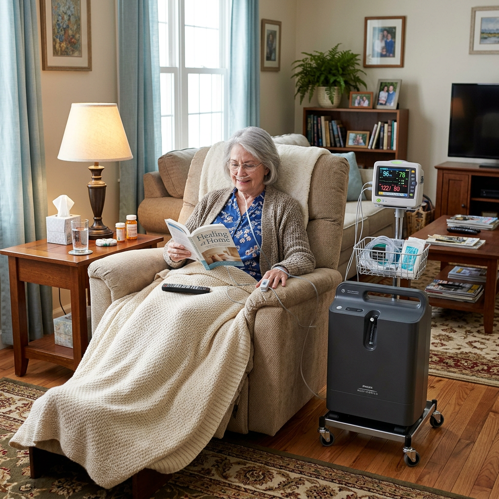 Elderly woman sitting in recliner with oxygen tube and medical equipment
