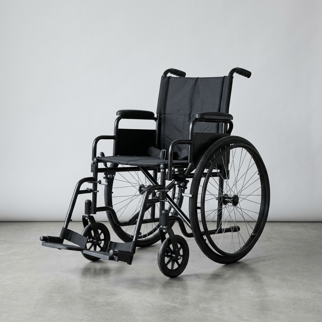 Black manual wheelchair with large rear wheels and footrests