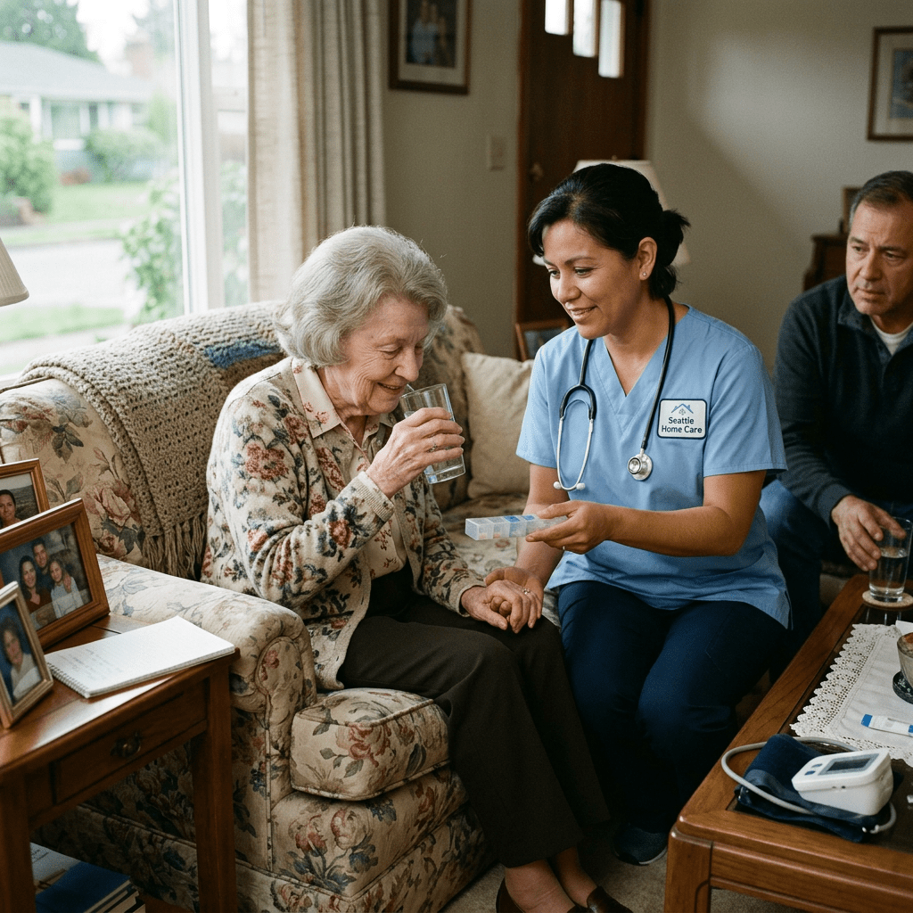 Nurse giving medication and glass of water to elderly woman sitting on floral sofa